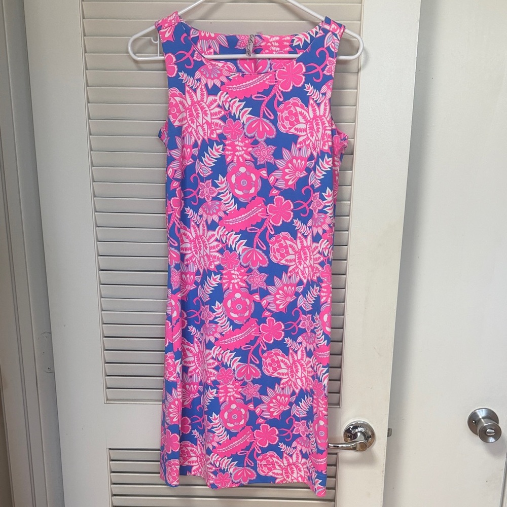 Sleeveless Floral Shift Dress in Bright Blue & Hot Pink